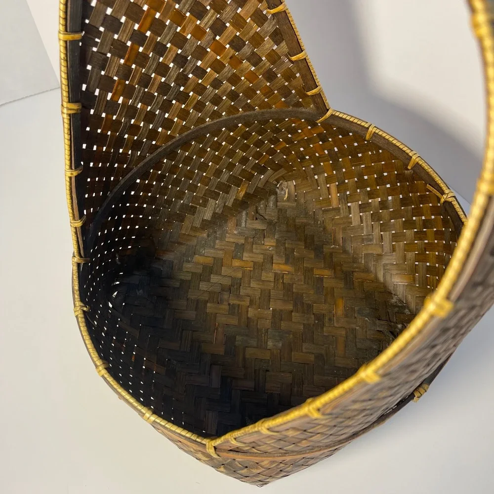 Vintage Woven Bamboo Rattan Gathering Basket Brown High Handle Hanging Pasking